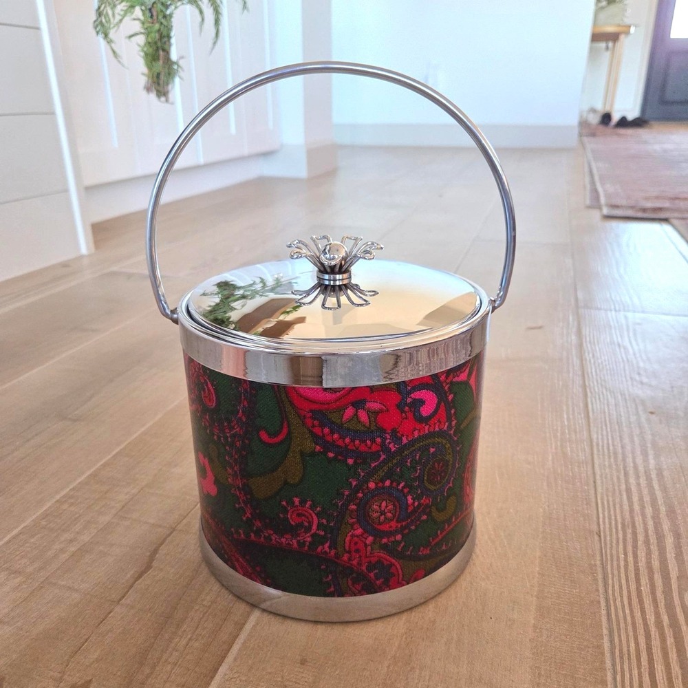 Vintage Paisley Ice Bucket Chrome Details Flower Kno Serv-Master Creations USA